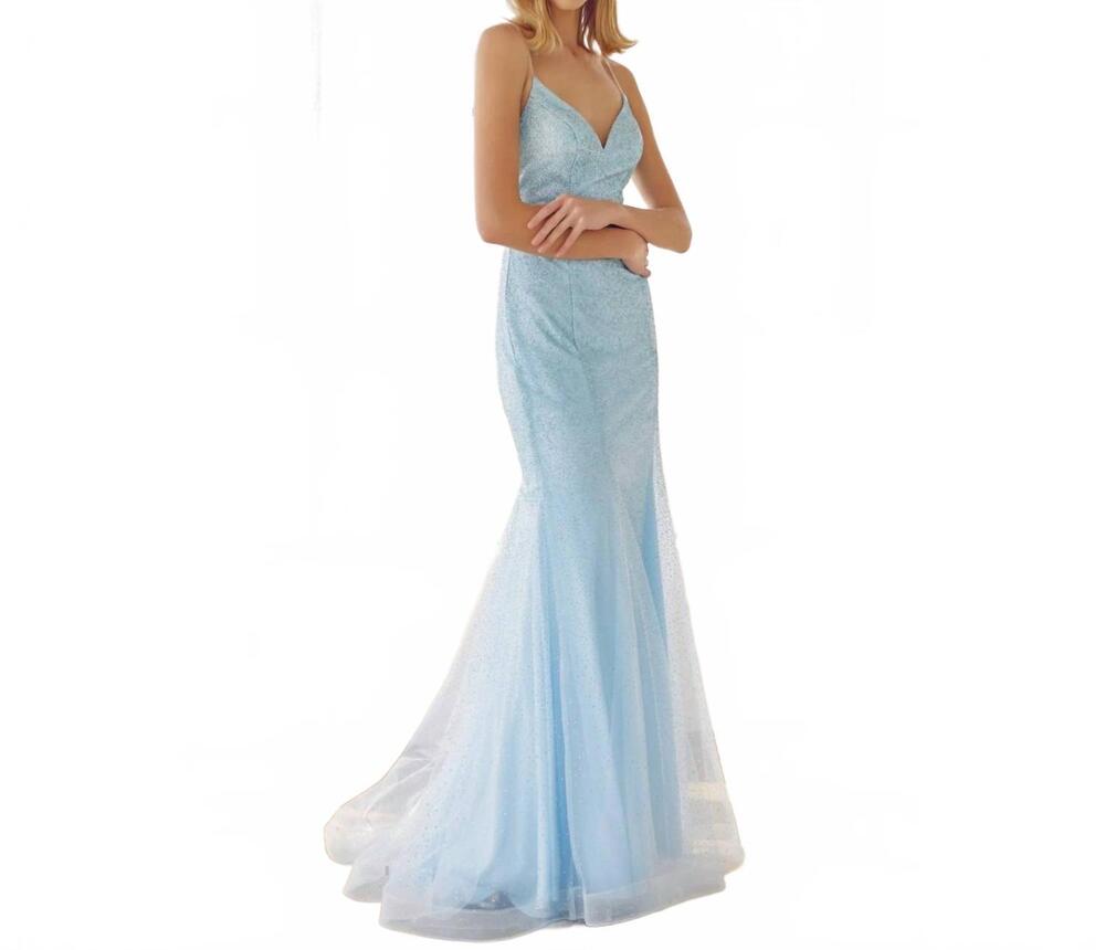 NEW JULIET glitter mesh fitted evening prom gown in ice blue